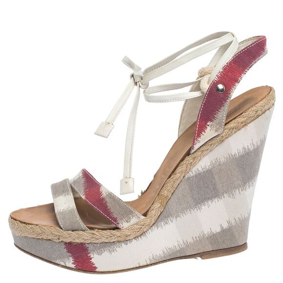 Burberry Multicolor Canvas and White Leather Ankle Wrap Platform Wedge Sandals - Picture 2 of 4